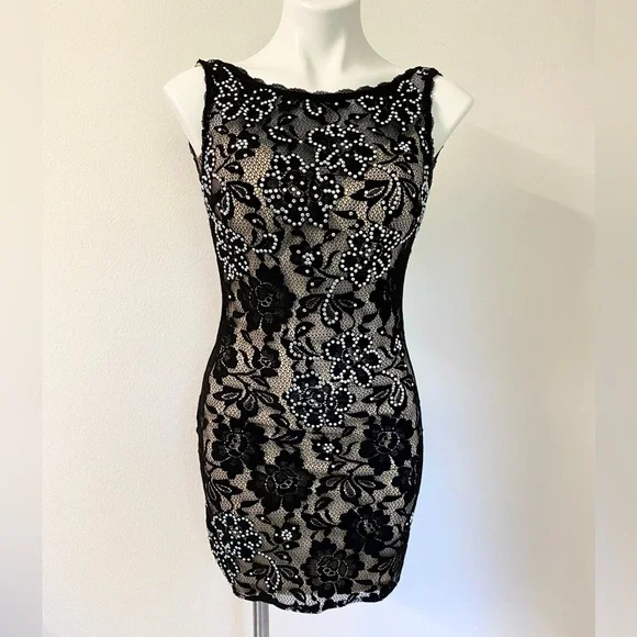 Intrigue by Blush Beaded Lace Dress Black Nude NWT - Picture 3 of 7